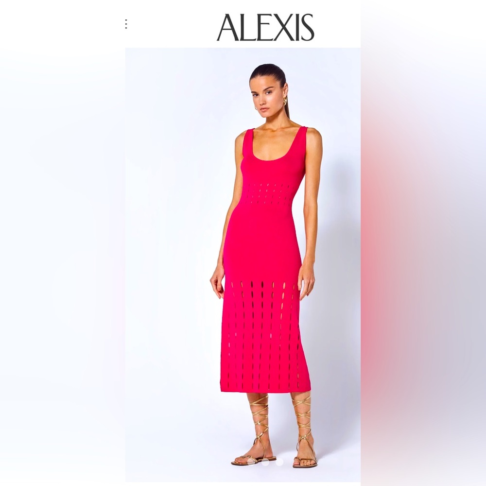 Alexis Marinet hibiscus color, rib knit midi dress has laser, cut-out details